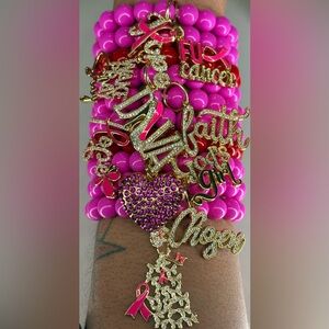 10 Stacked Inspiring F*ck Cancer Bold Pink Beaded Charm Bracelets